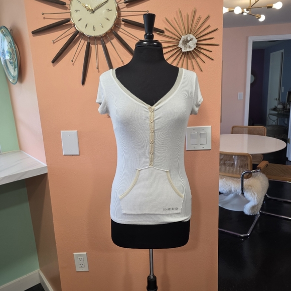 Vintage Bebe Large Henley Ribbed Tee TVD Elenacore Delicate White Knit - Picture 8 of 15